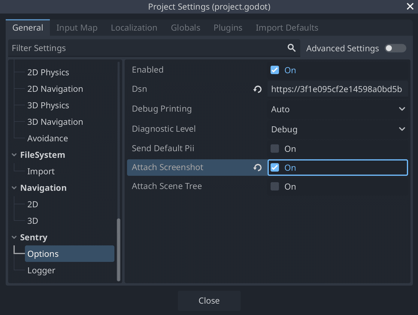 Enabling Screenshots in Project Settings
